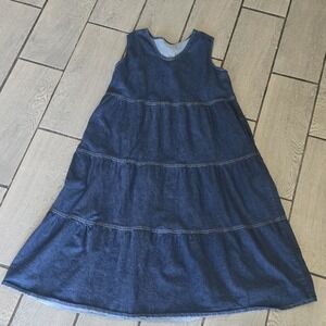 Denim Tiered Maxi Dress Sleeveless V Neck Casual Boho Style Size Medium